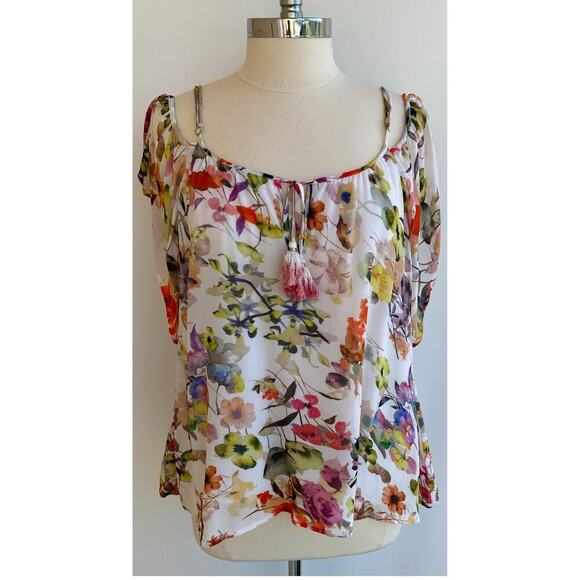 Anthropologie Love Sam Floral cold shoulder top blouse sz L - Picture 2 of 14